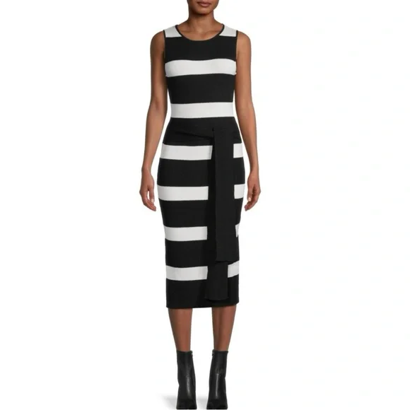 Toccin Bernadet Black/White Belted Striped Knit Midi-Dress Saks Fifth Avenue, L